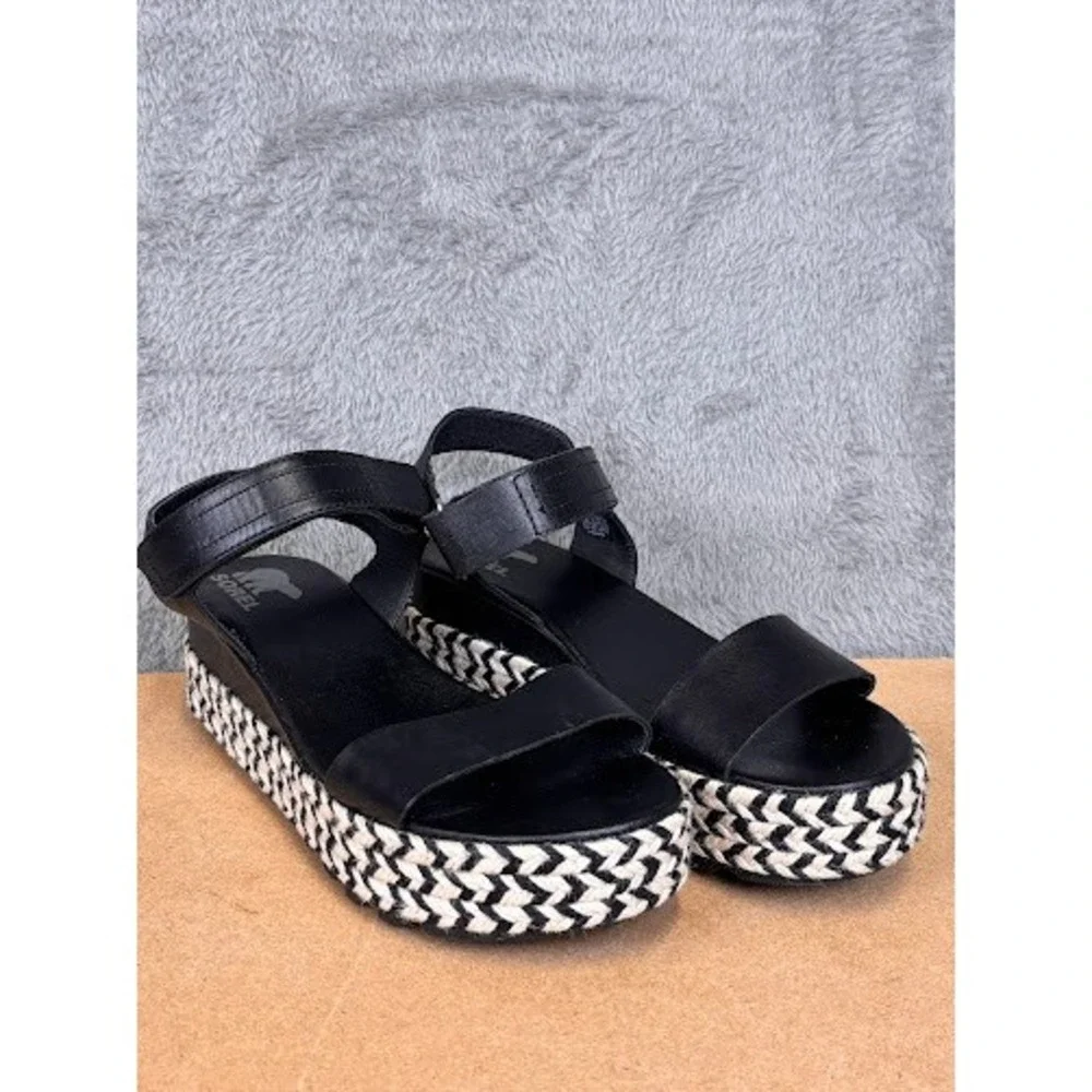 Sorel Cameron Flatform Sandals Black Leather Chevron Espadrille Womens 10 NL4012